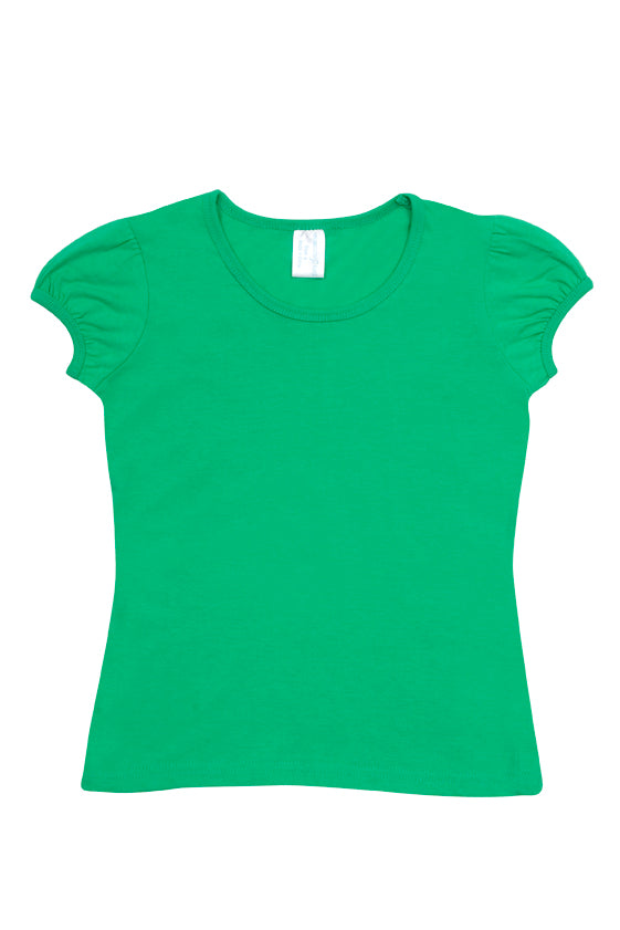 Girls Short Puff Sleeve T-shirt - Emerald Green - Front
