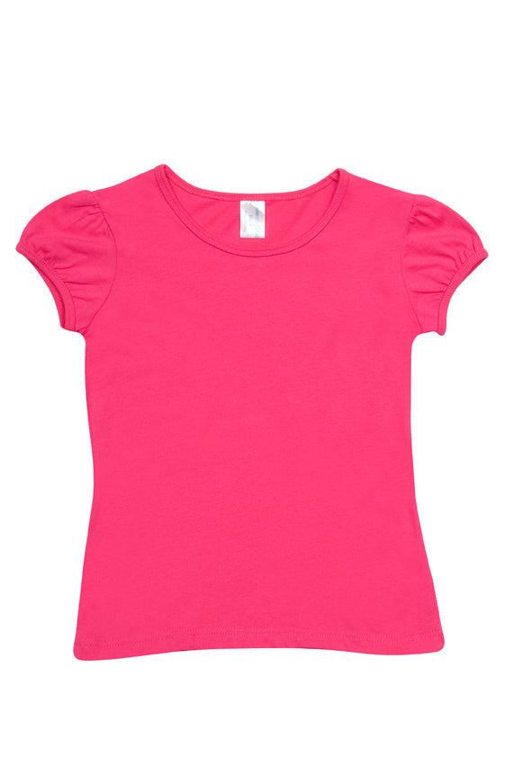 Girls Short Puff Sleeve T-shirt - Hot Pink - Front