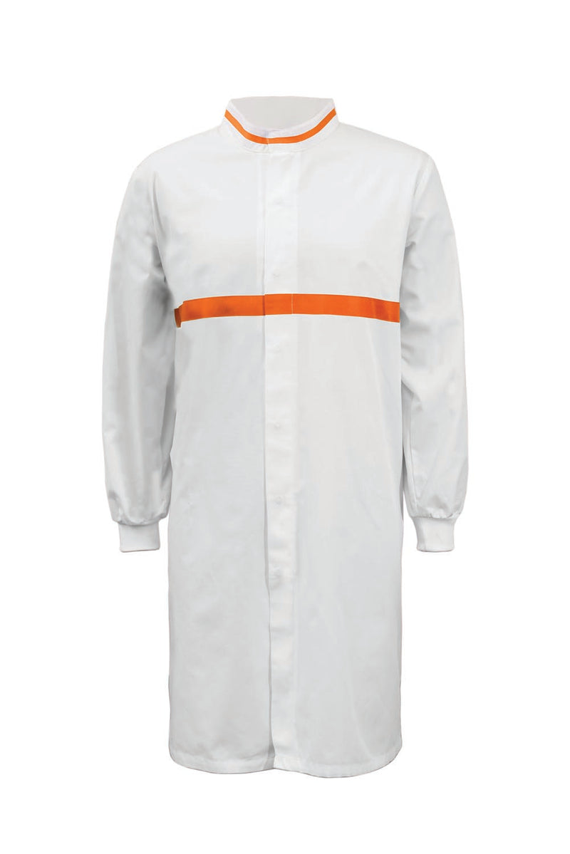 Long Sleeve Food Industry Long Length Dustcoat With Contrast Trims On Collar And Chest
