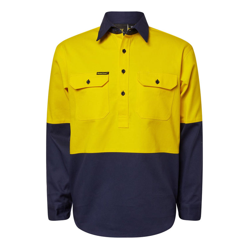 Heavy Duty Hybrid Hi Vis Closed Front Cotton Drill Shirt With Gusset Sleeves