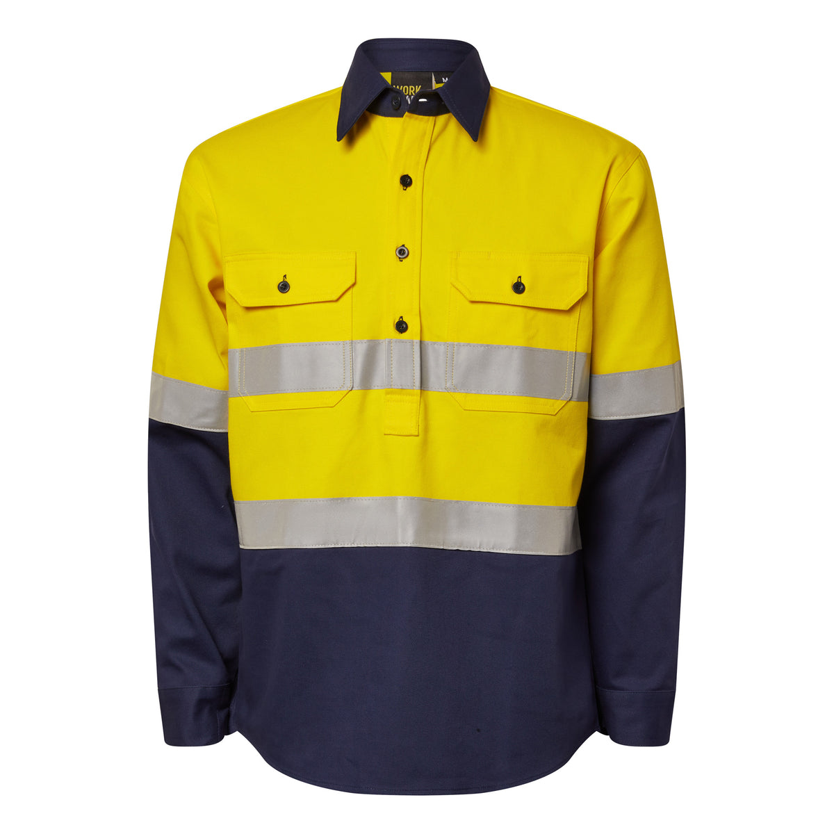 Heavy Duty Hybrid Hi Vis Closed Front Cotton Drill Reflective Shirt With Gusset Sleeves