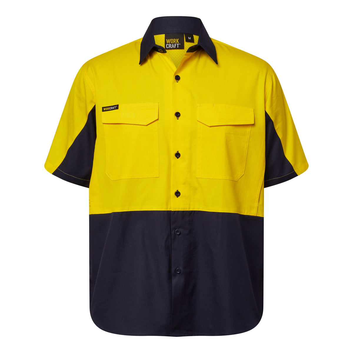 Hi Vis Short Sleeve Vented Ripstop Shirt - Yellow/Navy - Front