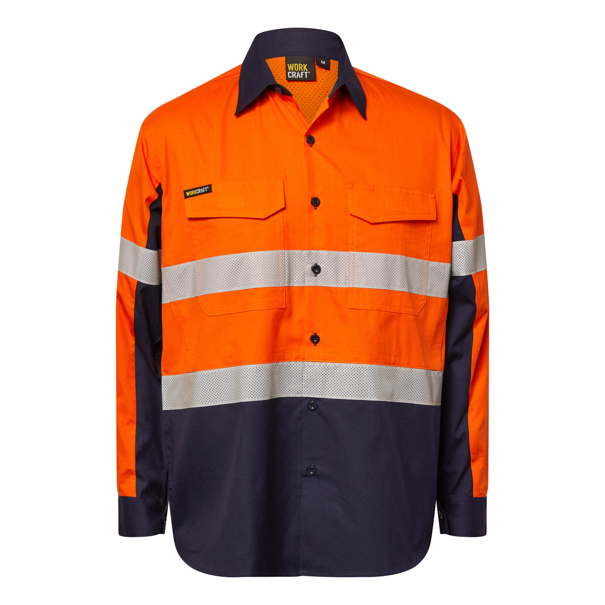Hi Vis Long Sleeve Vented Reflective Ripstop Shirt - Orange/Navy - Front