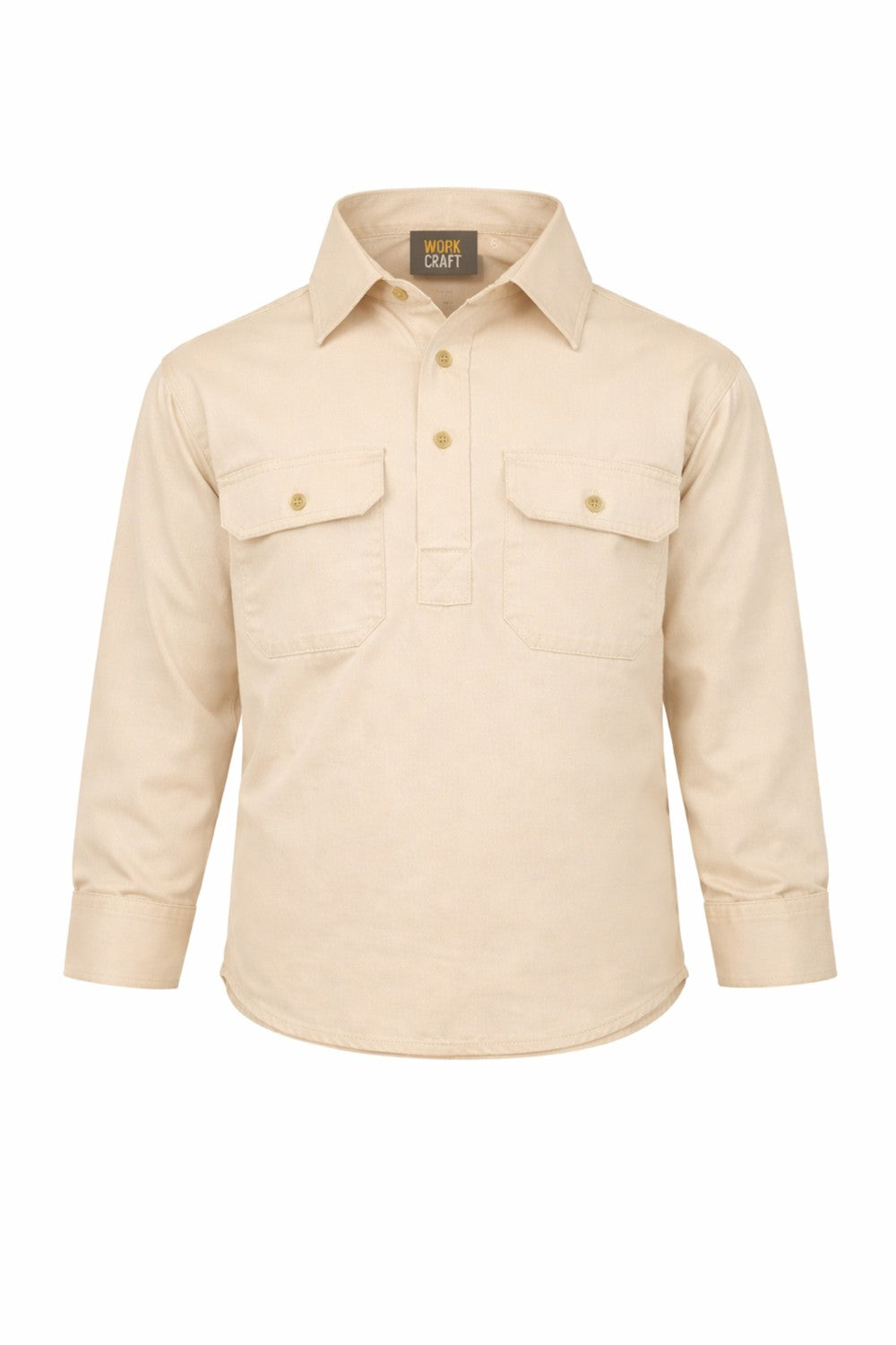 Kids Lightweight Long Sleeve Closed Front Cotton Drill Shirt - Cream - Front