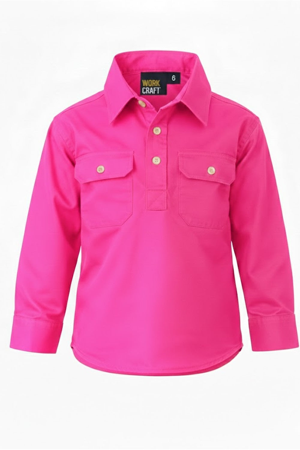 Kids Lightweight Long Sleeve Closed Front Cotton Drill Shirt - Pink - Front