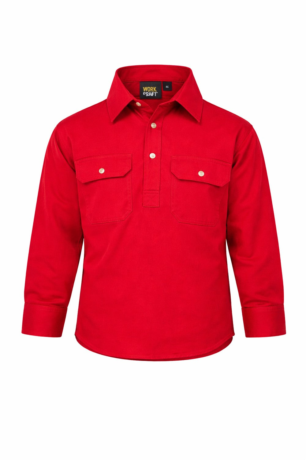 Kids Lightweight Long Sleeve Closed Front Cotton Drill Shirt - Crimson Red - Front