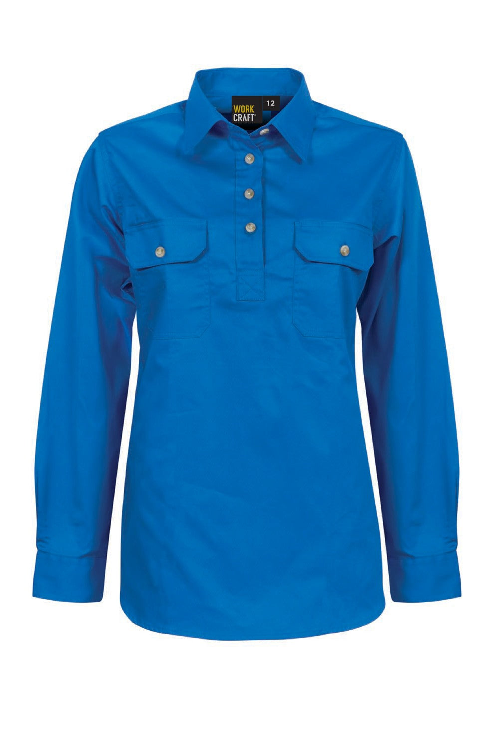 Ladies Lightweight Long Sleeve Closed Front Cotton Drill Shirt - Cobalt Blue - Front