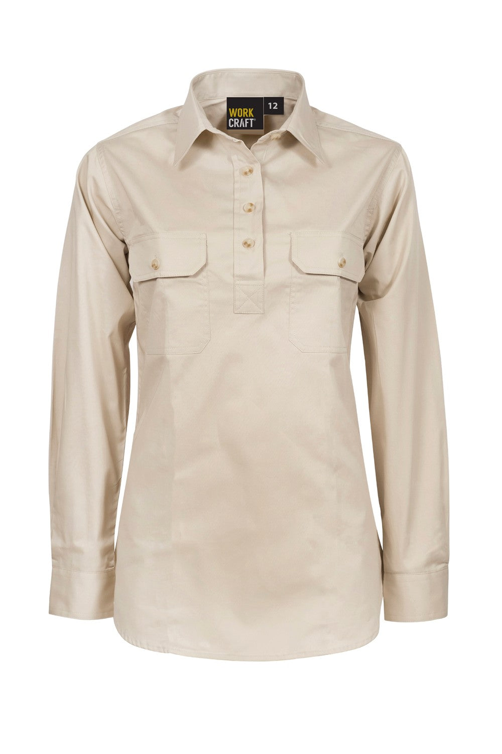 Ladies Lightweight Long Sleeve Closed Front Cotton Drill Shirt - Cream - Front