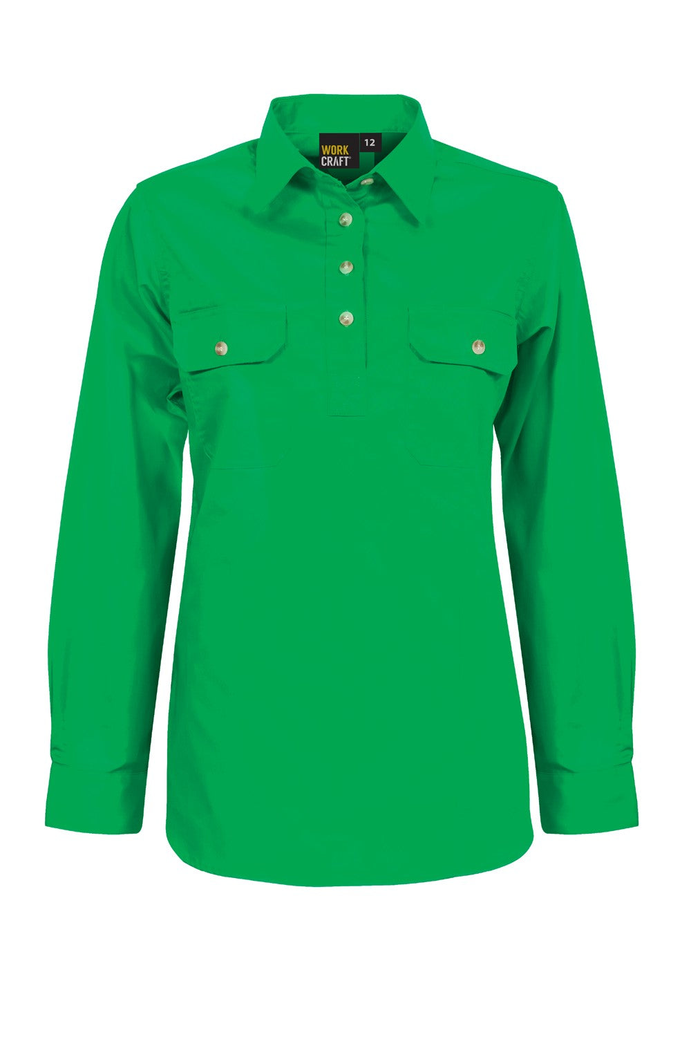 Ladies Lightweight Long Sleeve Closed Front Cotton Drill Shirt - Electric Green - Front