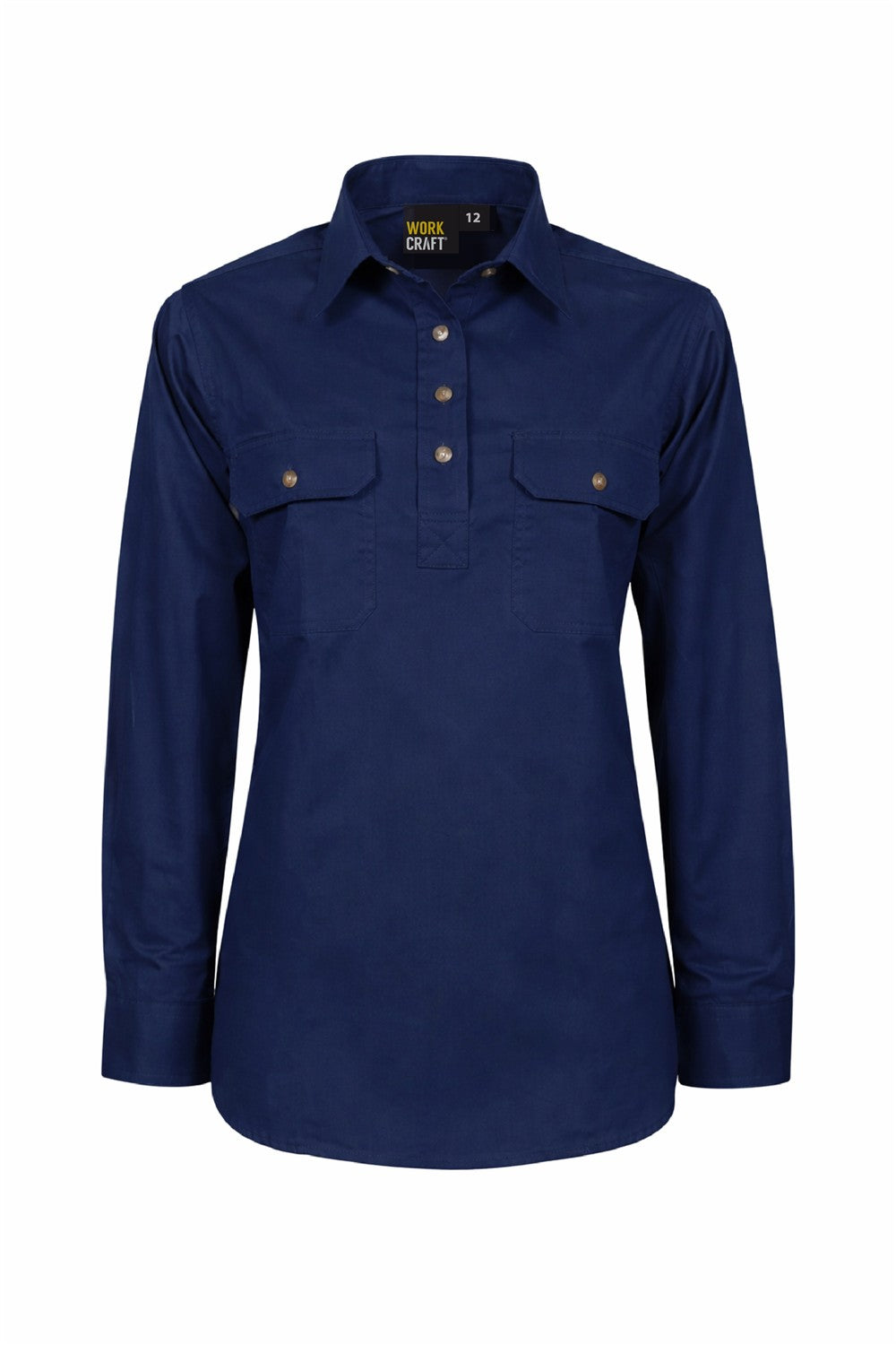 Ladies Lightweight Long Sleeve Closed Front Cotton Drill Shirt - Navy - Front