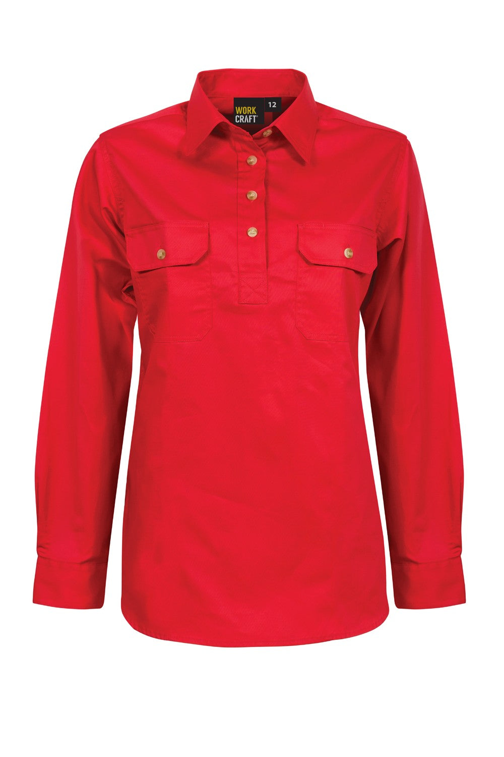 Ladies Lightweight Long Sleeve Closed Front Cotton Drill Shirt - Crimson Red - Front