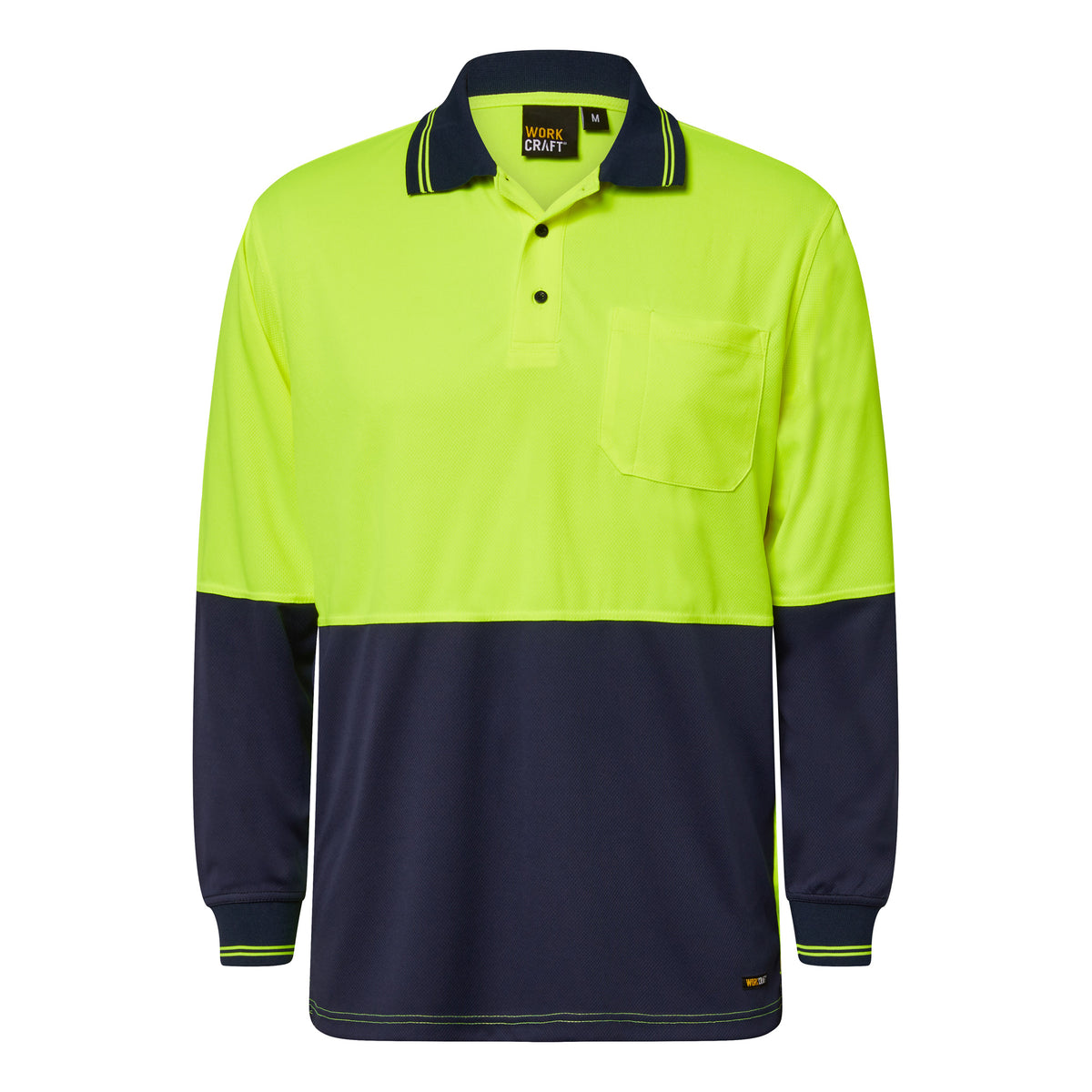 Hi Vis Long Sleeve Micromesh Polo With Pocket - Yellow/Navy - Front