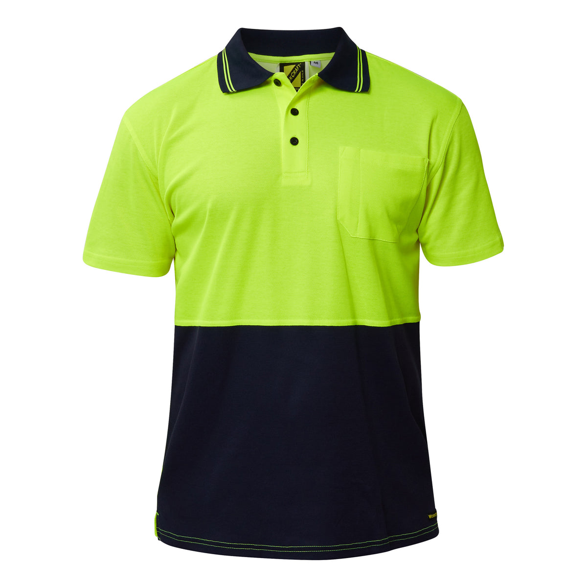 Hi Vis Short Sleeve Cotton Back Polo With Pocket - Yellow/Navy - Front