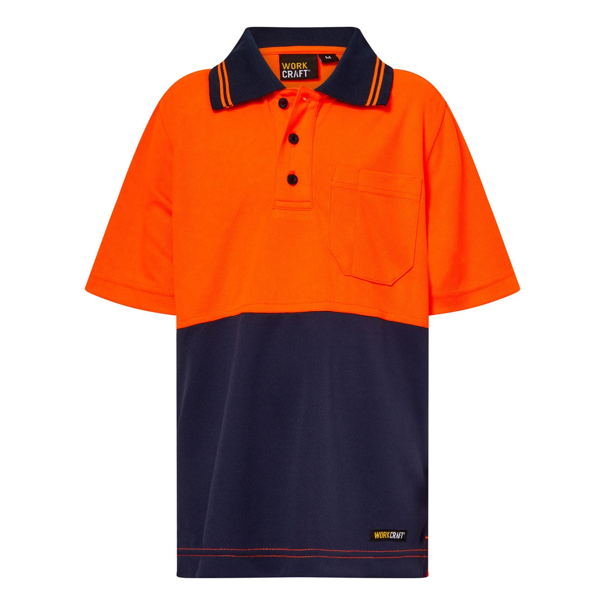 Kids Hi Vis Short Sleeve Micromesh Polo With Pocket - Orange/Navy - Front