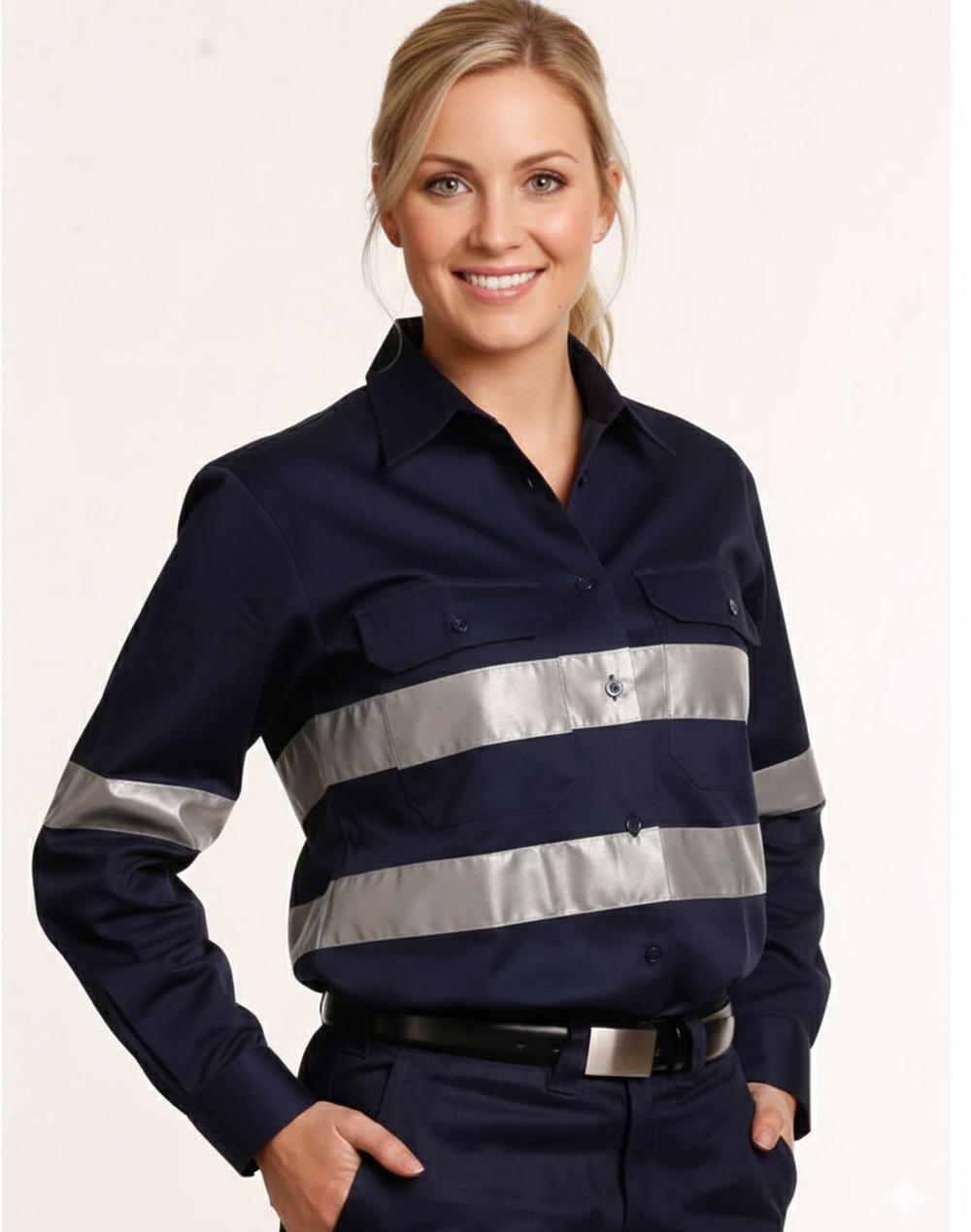 Aiw Ladies HiVis Cotton Drill Long Sleeves Work Shirt with 3M Reflective Taps WT08HV