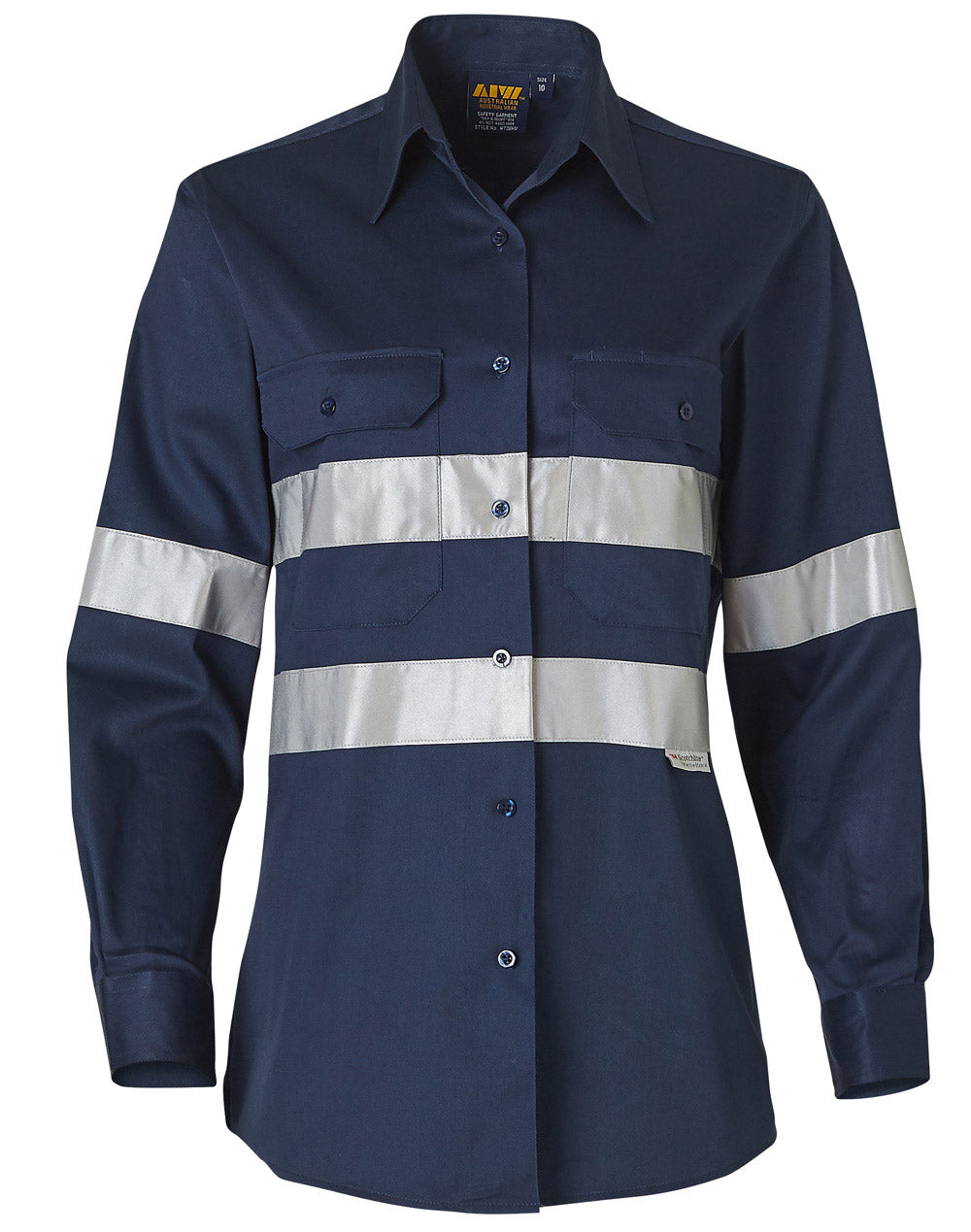 Ladies HiVis Cotton Drill Long Sleeves Work Shirt with 3M Reflective Taps - WT08HV - Navy
