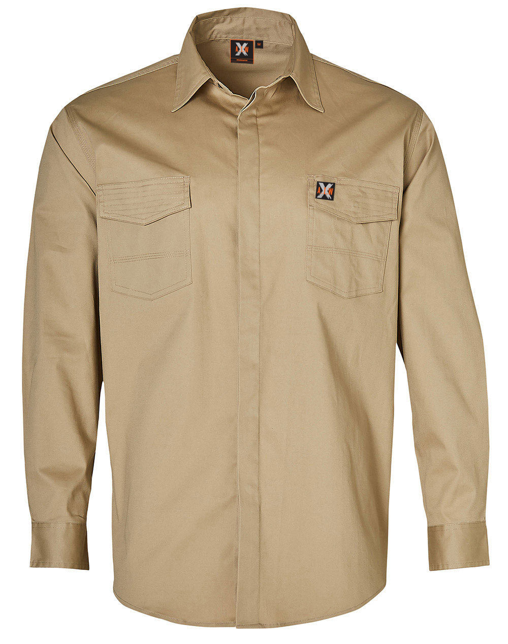 Mens Stretch Work Shirt With 2 Front Flap Pockets - Stone - Front