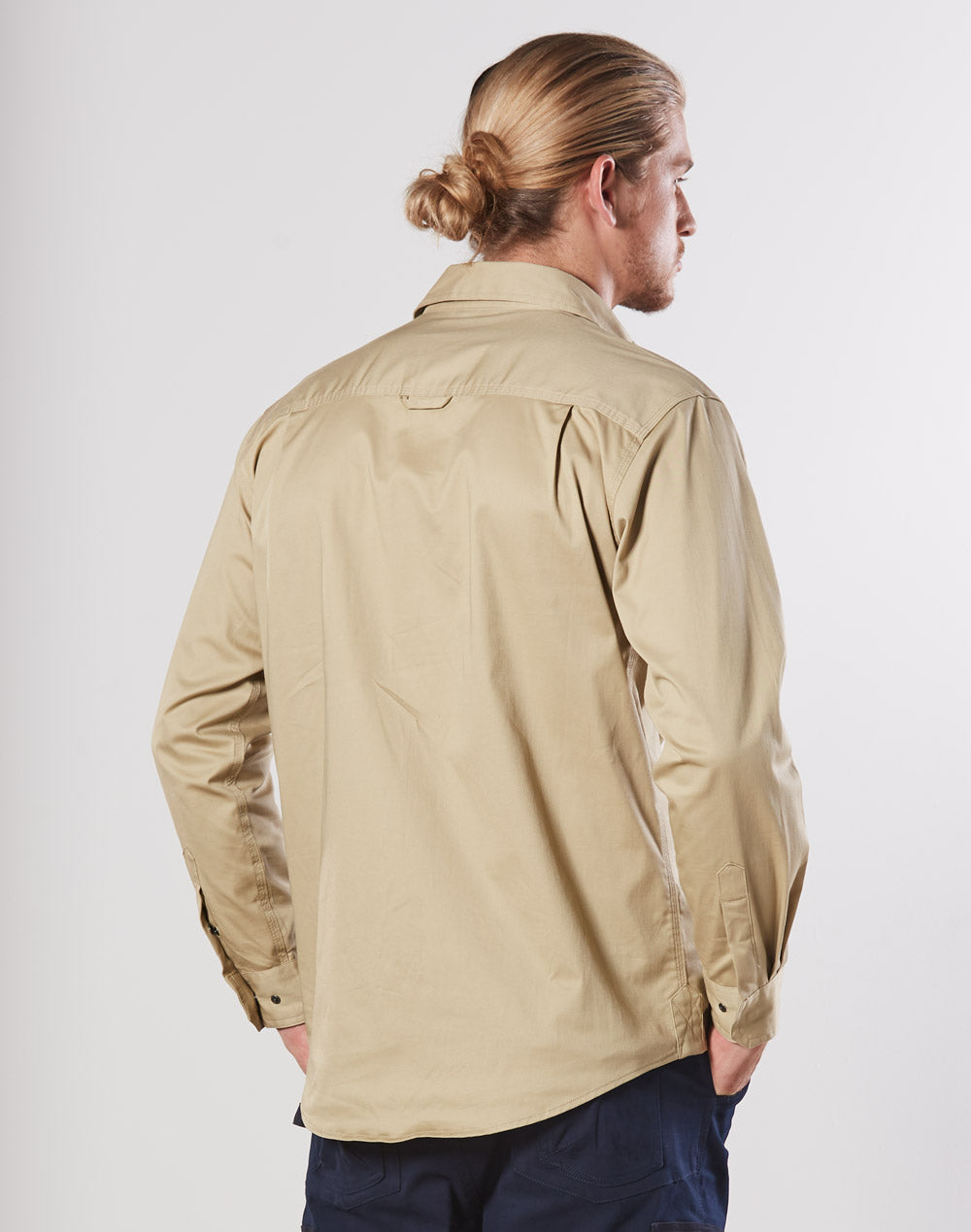Mens Stretch Work Shirt With 2 Front Flap Pockets - Stone - Back