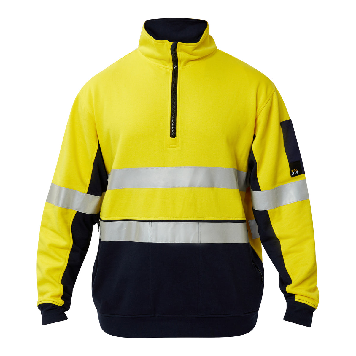 Hi Vis Half Zip Cotton Reflective Pullover - Yellow/Navy - Front