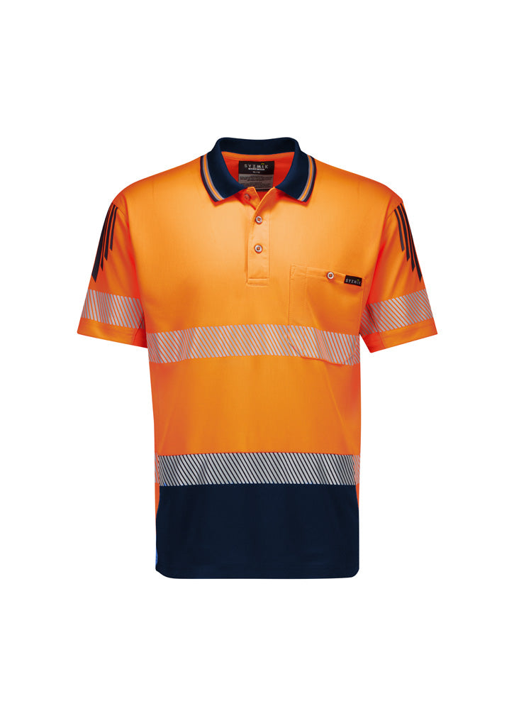 Mens Hi Vis Flux Segmented Tape Short Sleeve Polo - Orange/Navy - Front