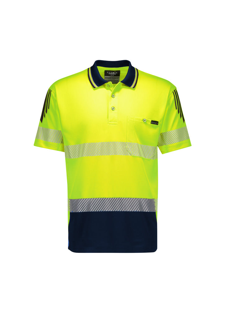 Mens Hi Vis Flux Segmented Tape Short Sleeve Polo - Yellow/Navy - Front