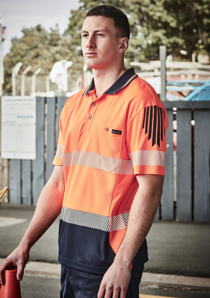 Mens Hi Vis Flux Segmented Tape Short Sleeve Polo - Orange/Navy - Model