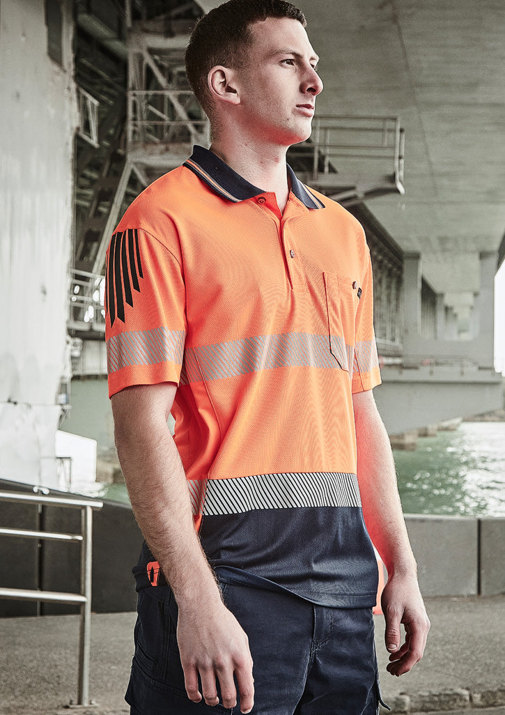 Mens Hi Vis Flux Segmented Tape Short Sleeve Polo - Orange/Navy - Model