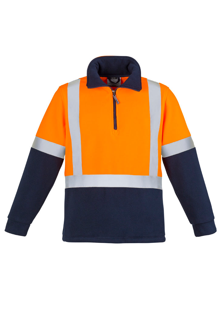 Unisex Hi Vis Polar Fleece Pullover - Shoulder Taped - Orange/Navy - Front