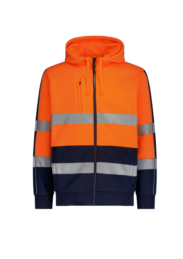 Unisex Hi Vis Full Zip Stretch Taped Hoodie - Orange/Navy - Front