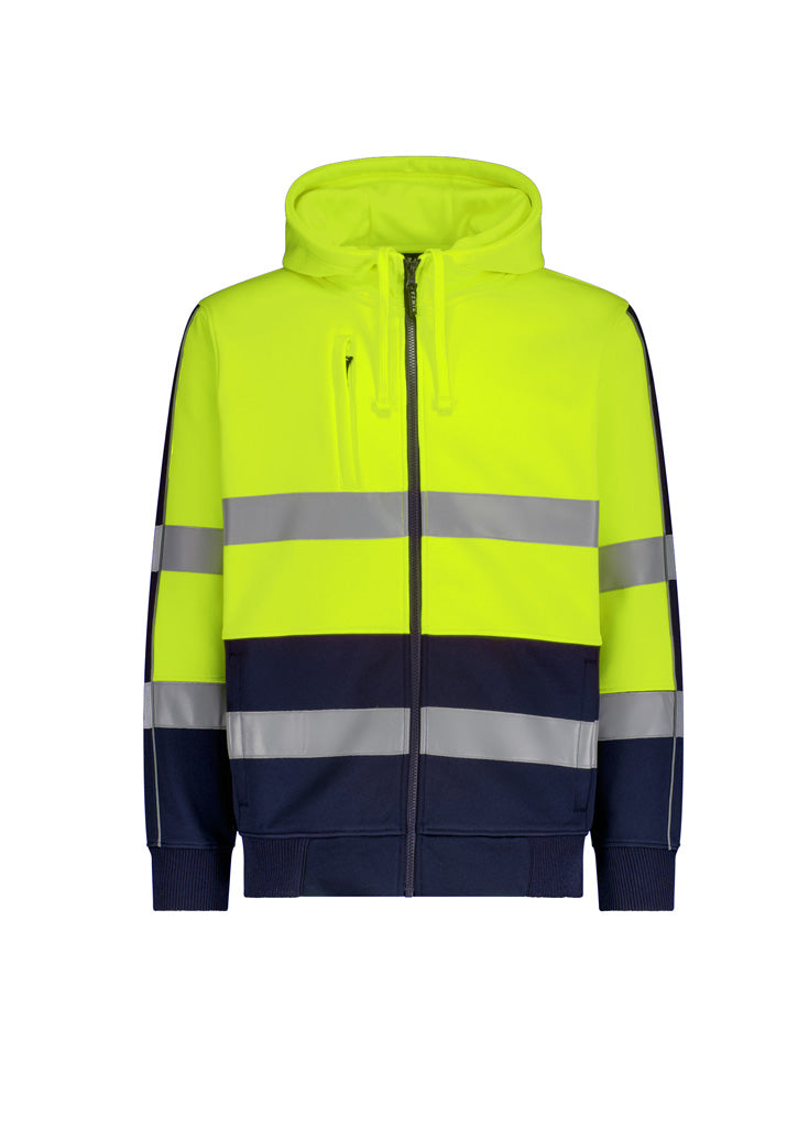 Unisex Hi Vis Full Zip Stretch Taped Hoodie - Yellow/Navy - Front