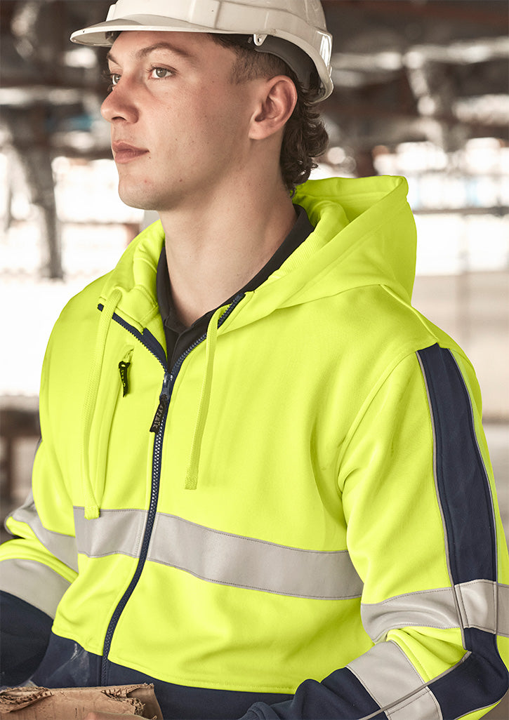 Unisex Hi Vis Full Zip Stretch Taped Hoodie - Yellow/Navy - Model