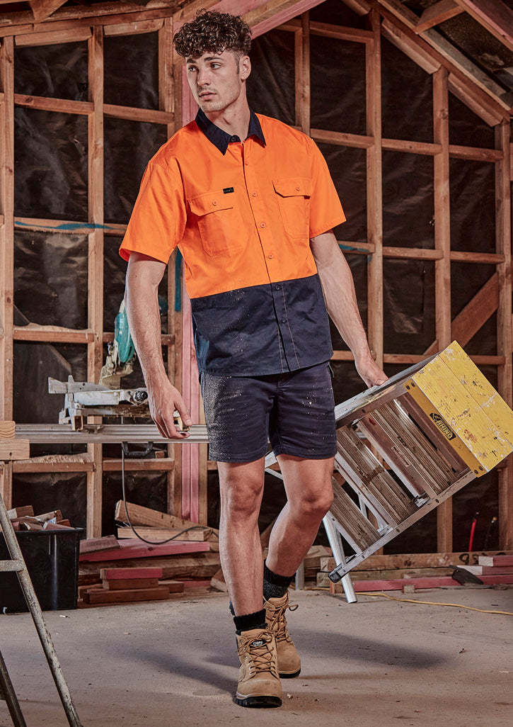 Mens Hi Vis Short Sleeve Shirt - Orange/Navy - Model