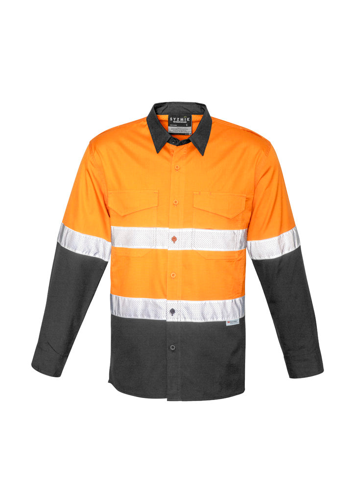Mens Rugged Cooling Hi Vis Taped Long Sleeve Shirt - Orange/Charcoal - Front