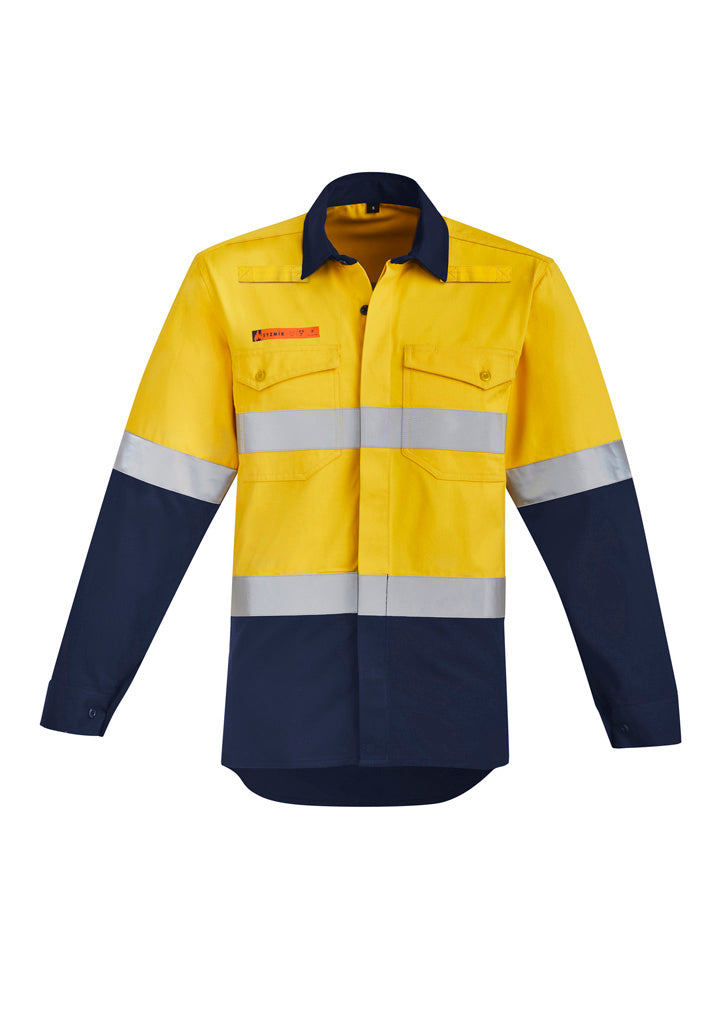 Mens Orange Flame Hi Vis Open Front Spliced Shirt - Hoop Taped - Yellow/Navy - Front
