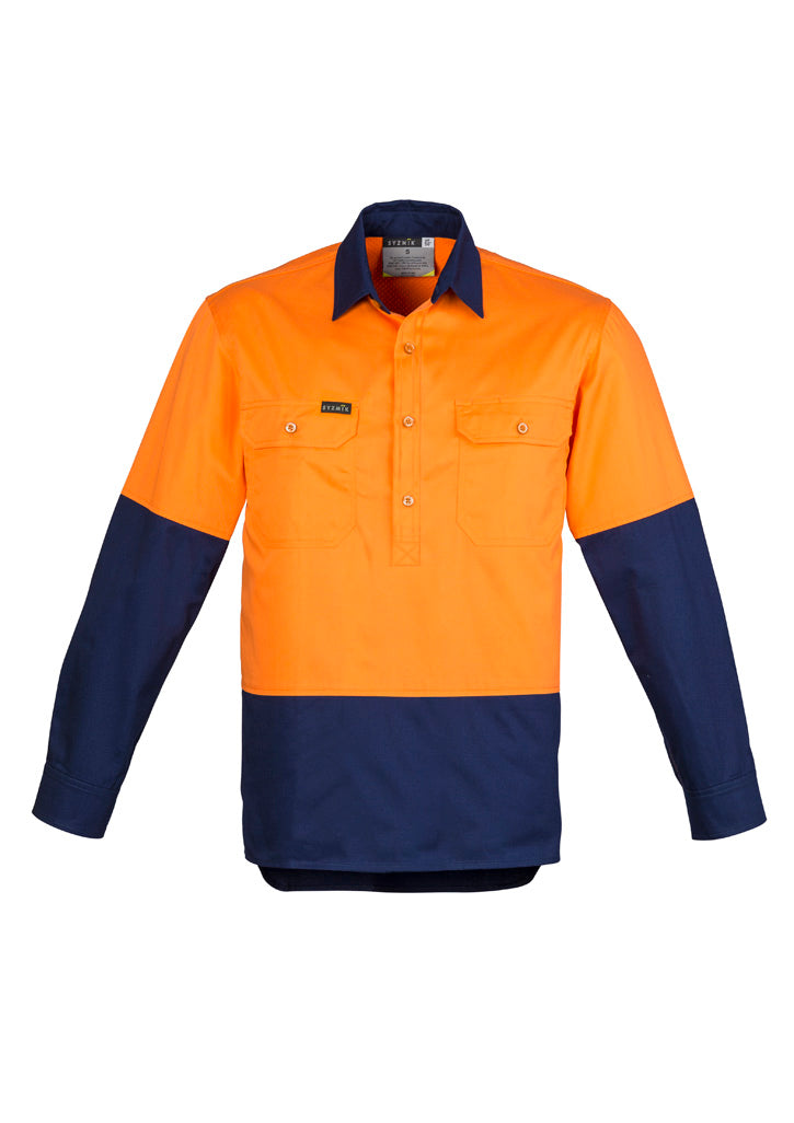 Mens Closed Front Long Sleeve Shirt - Orange/Navy - Front