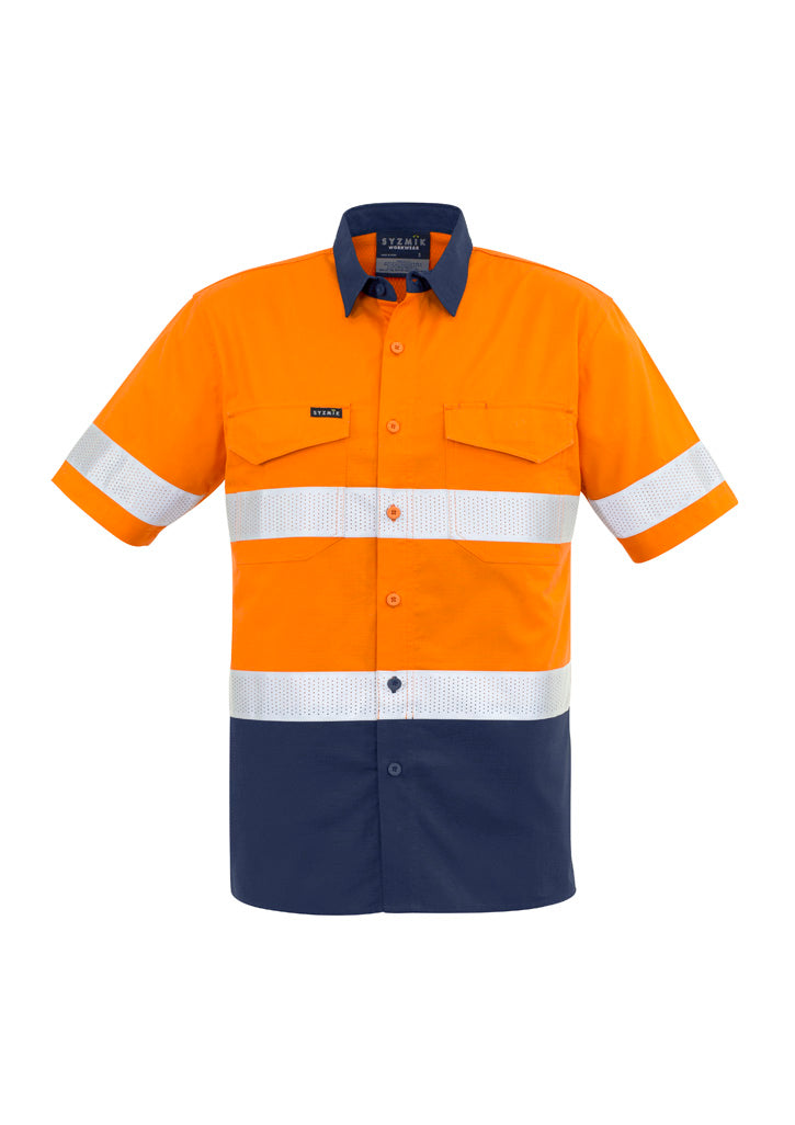 Mens Rugged Cooling Hi Vis Taped Short Sleeve Shirt - Orange/Navy - Front