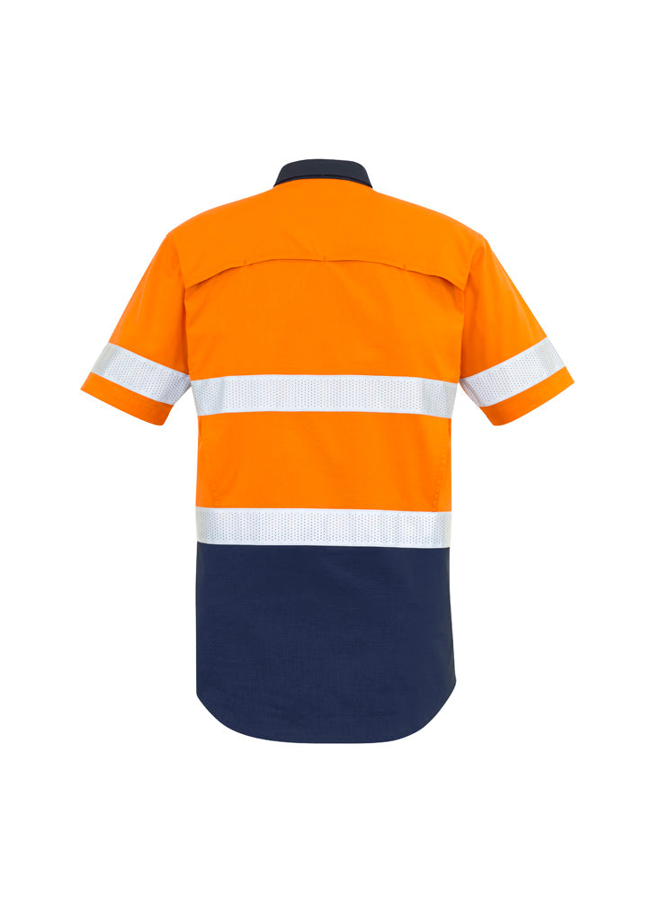 Mens Rugged Cooling Hi Vis Taped Short Sleeve Shirt - Orange/Navy - Back