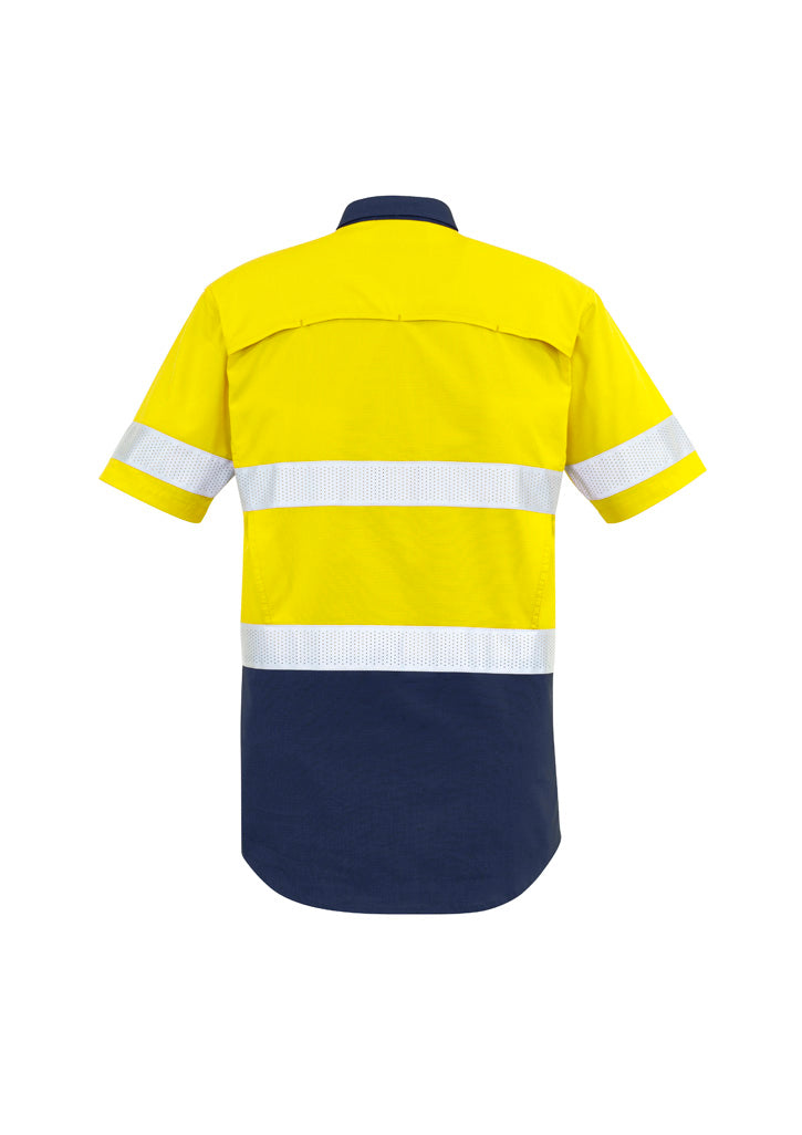 Mens Rugged Cooling Hi Vis Taped Short Sleeve Shirt - Yellow/Navy - Back