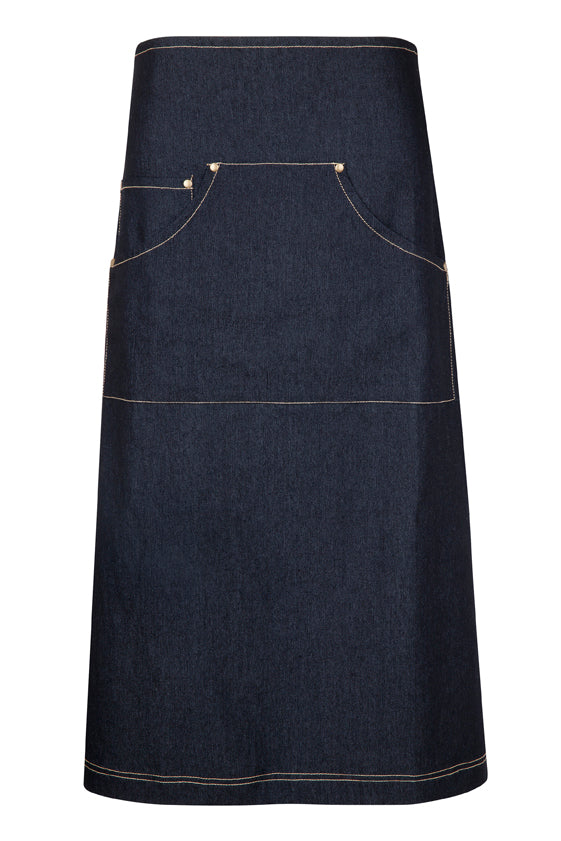Long Waist Cotton/Denim Apron - Black - Front