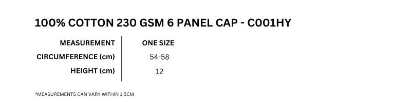 230gsm, 6 panel cap - Size guide