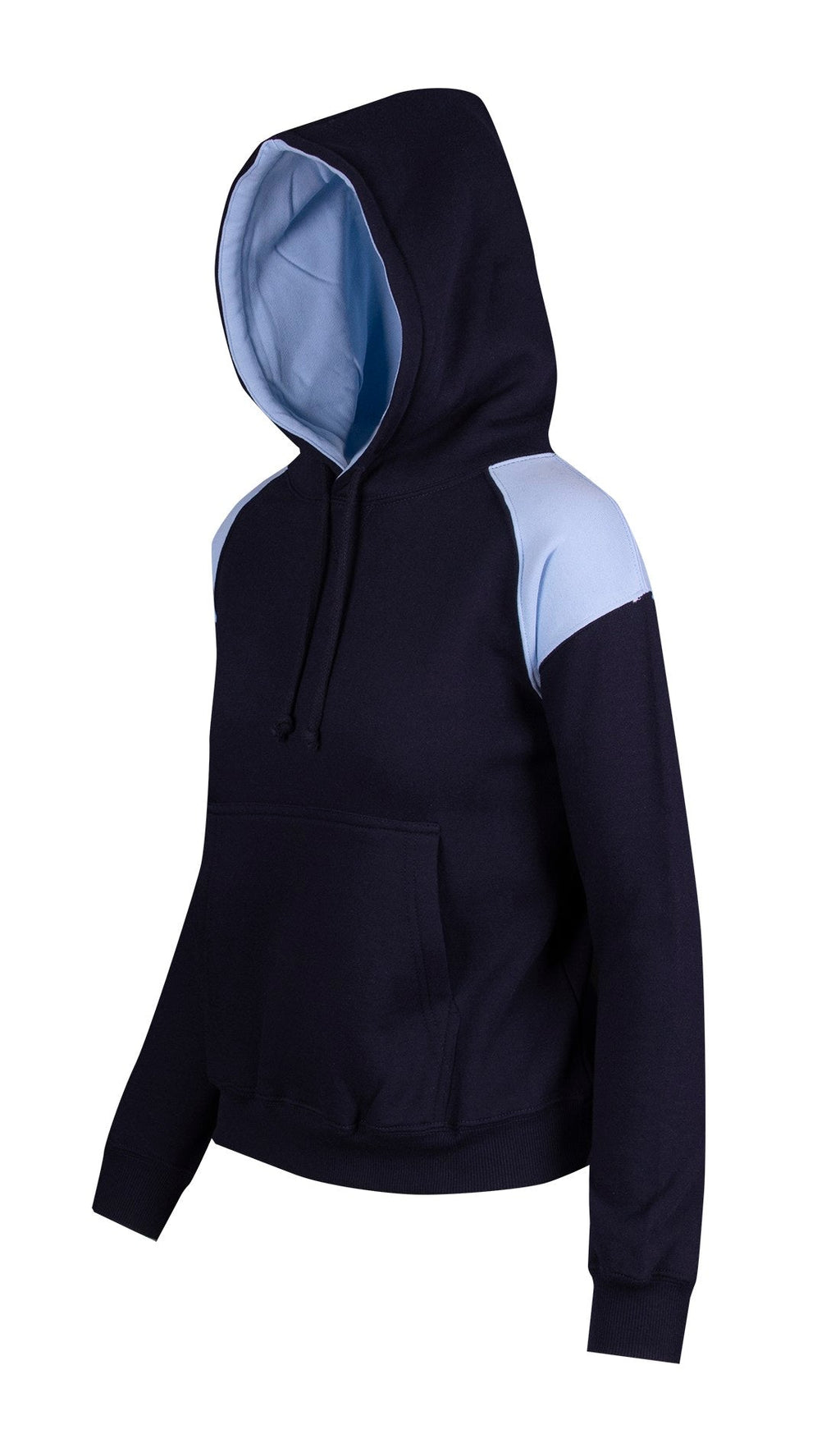 Womens/Juniors  Shoulder Contrast Panel Hoodie - Navy/Sky Blue - Side