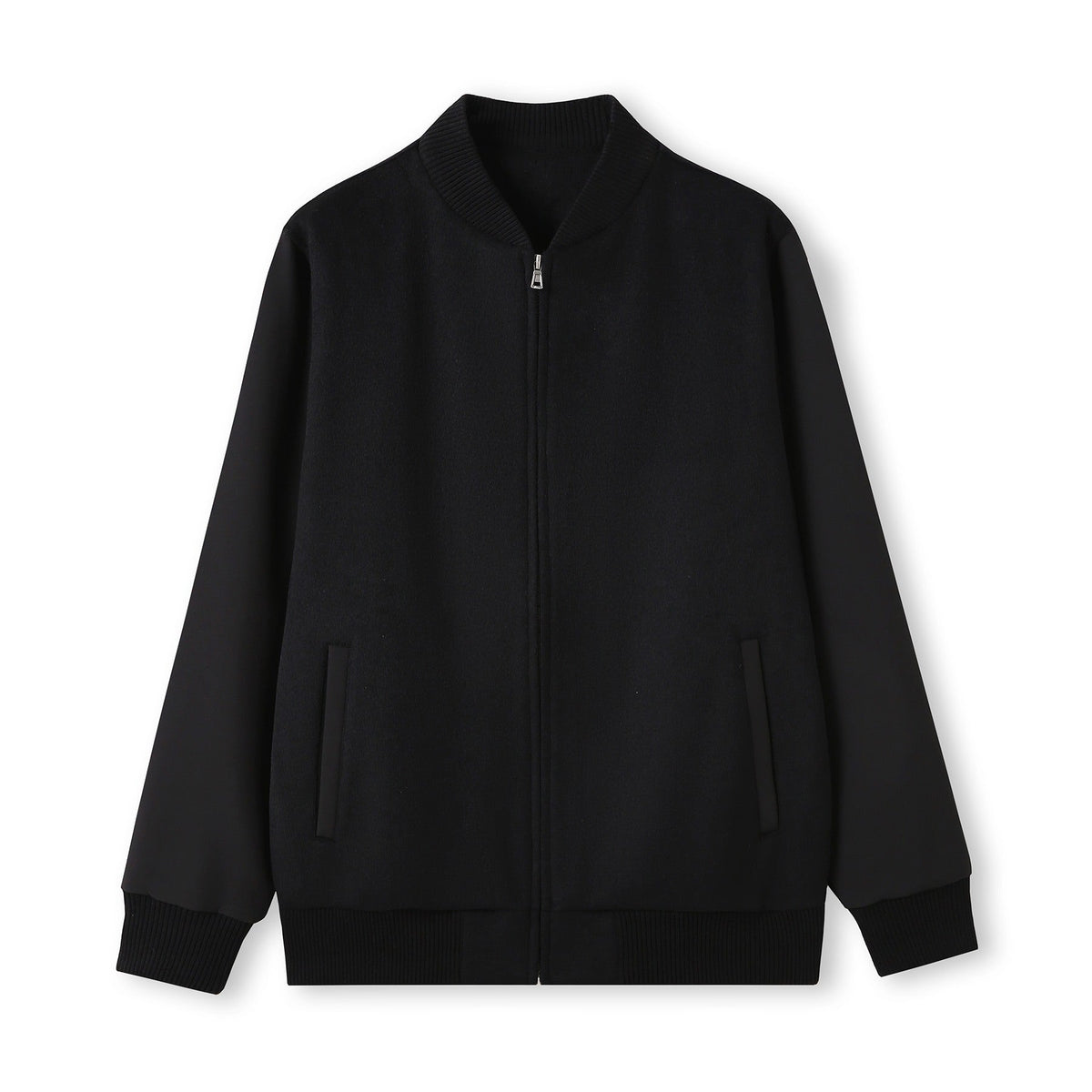 500gsm Men's/Unisex Wool Blend Soft Shell Varsity Jacket - Black/Black - Front
