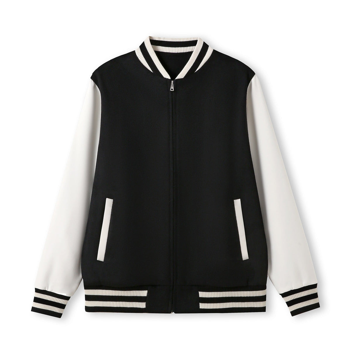 500gsm Men's/Unisex Wool Blend Soft Shell Varsity Jacket - Black/White - Front