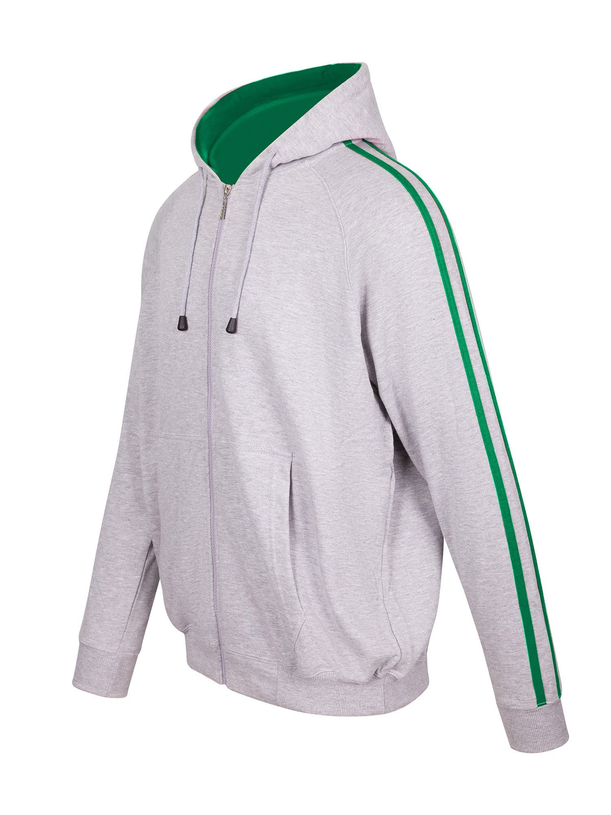 Mens Unbrushed Stripe  Sleeve Hoodie - Grey Marl/Kelly Green - Side