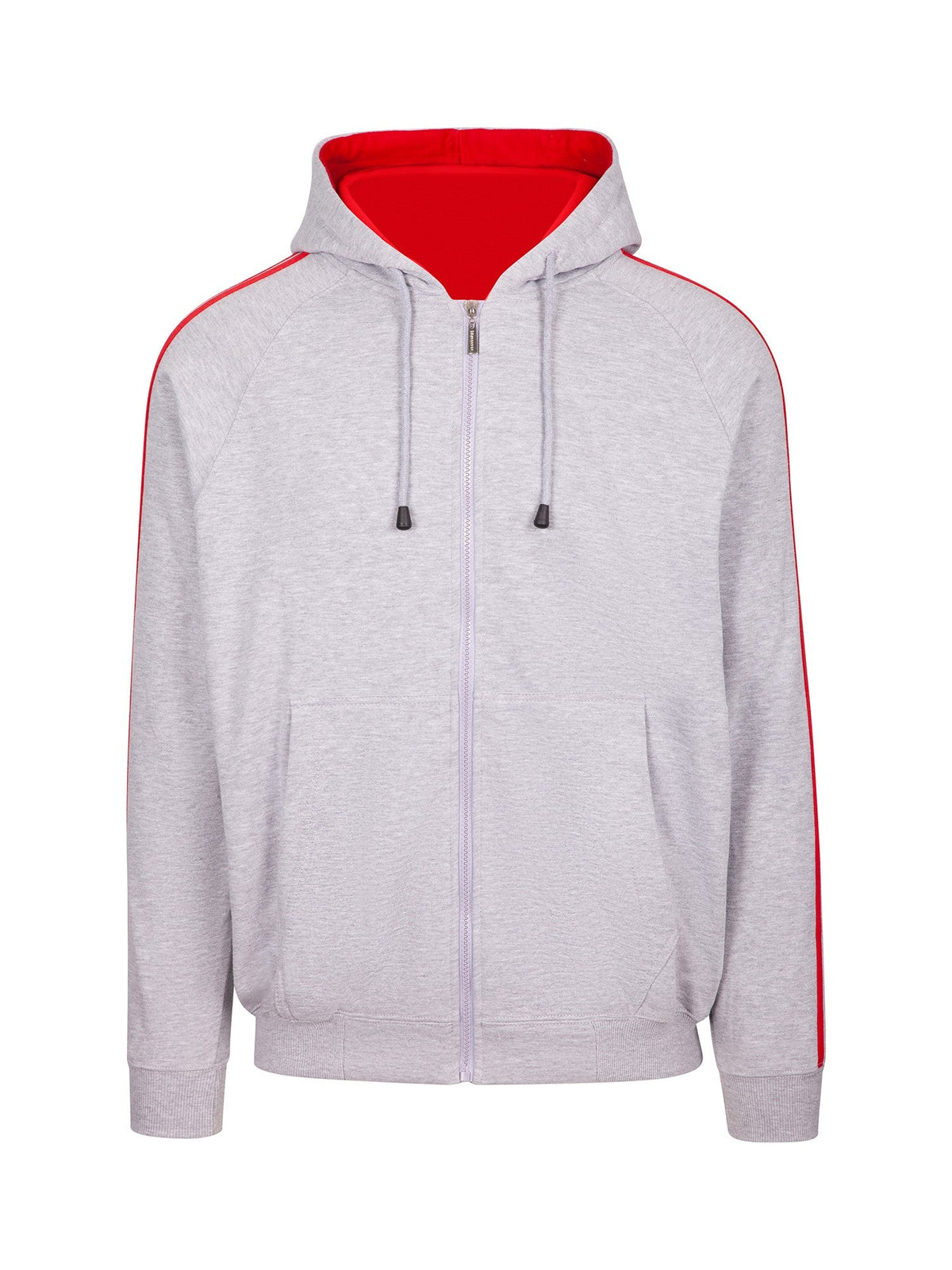 Mens Unbrushed Stripe  Sleeve Hoodie - Grey Marl/Red - Front