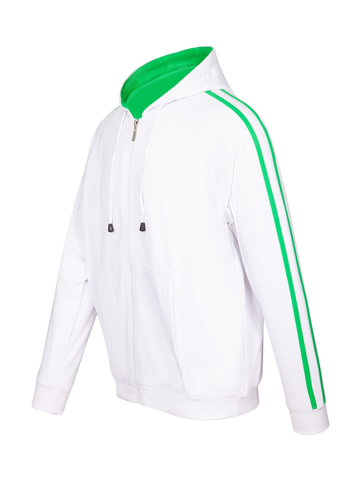 Mens Unbrushed Stripe  Sleeve Hoodie - White/Emerald Green - Side