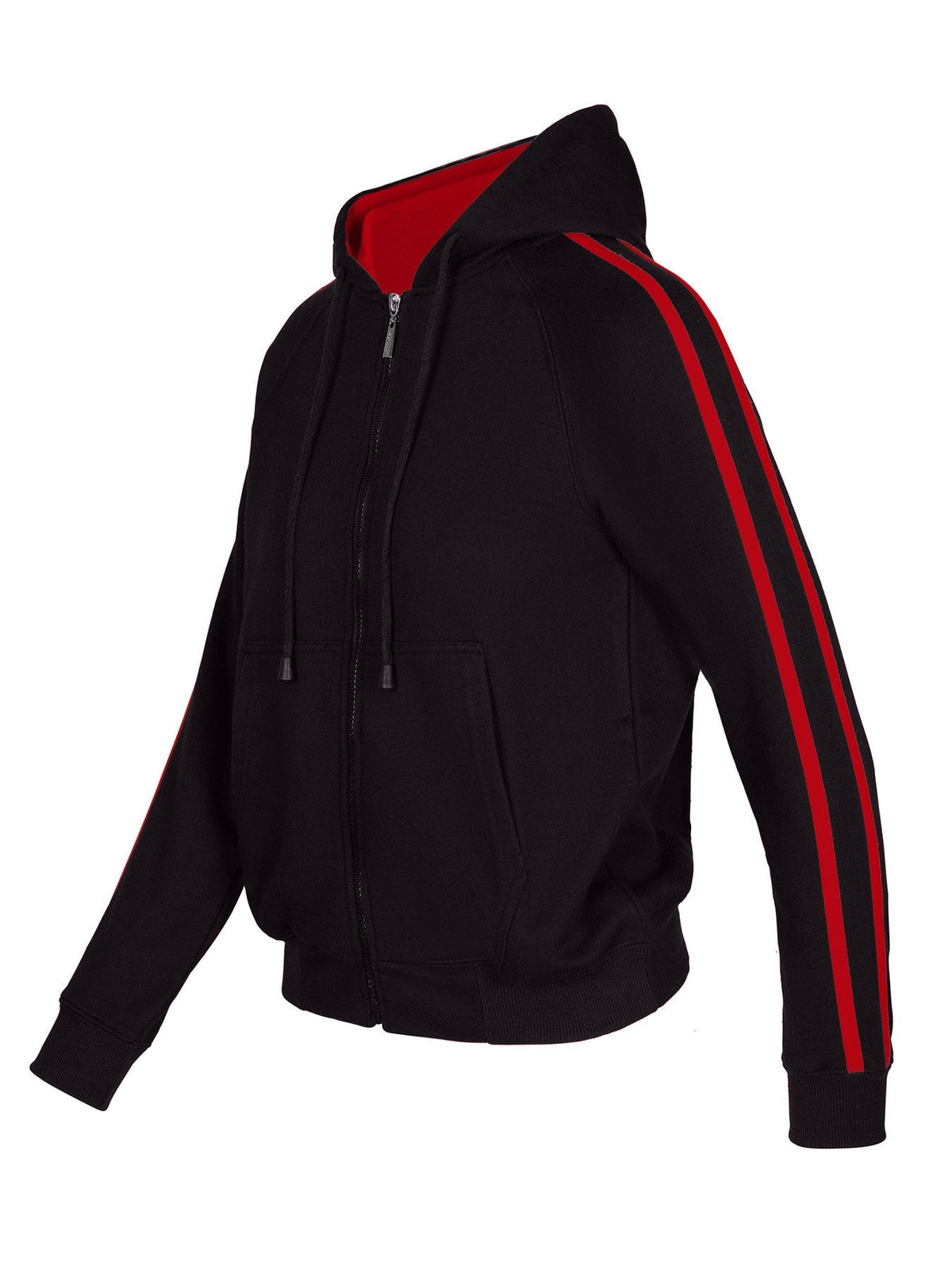 Womens/Junior stripe sleeves Hoodies - Black/Red - Side