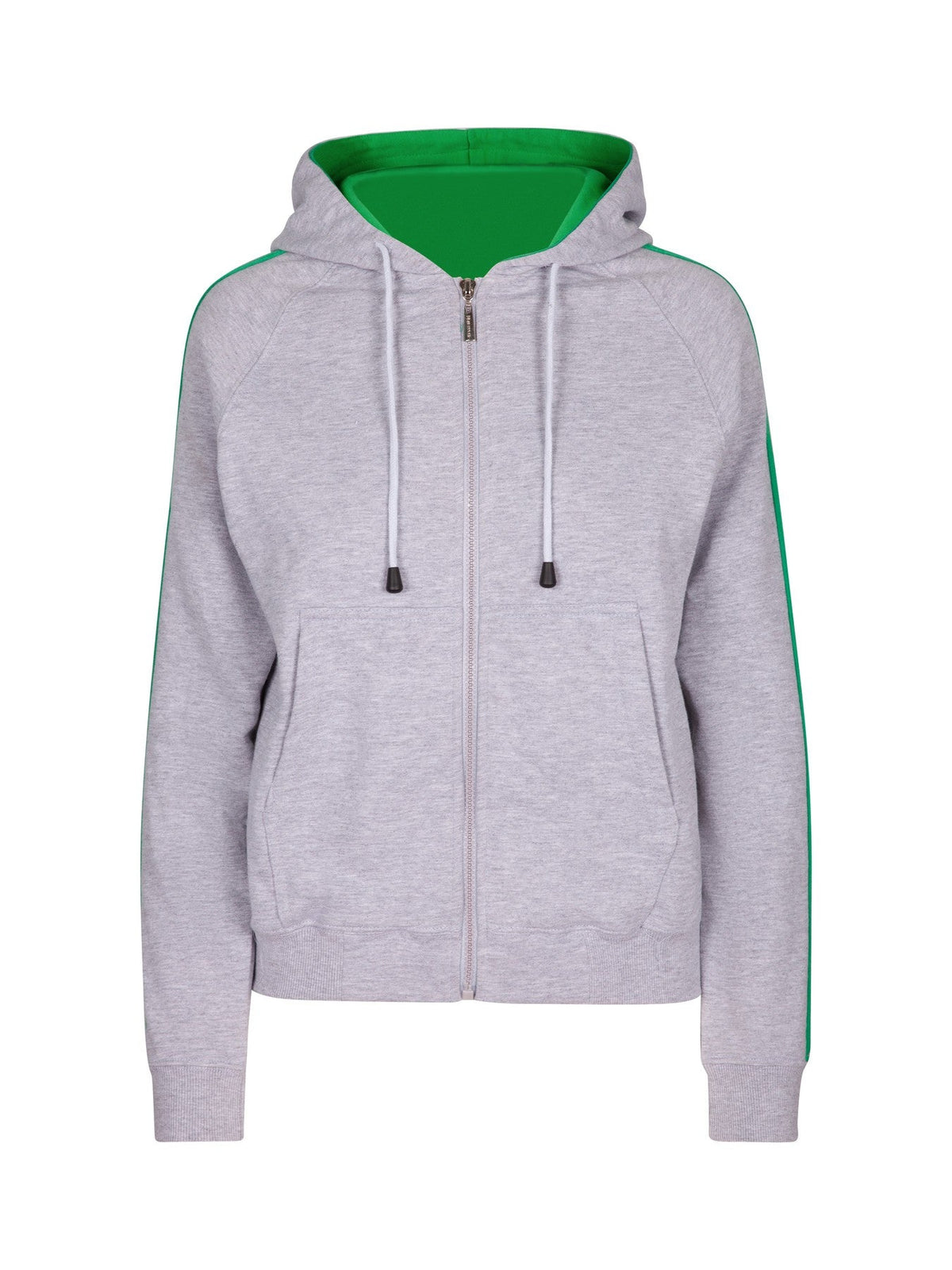 Womens/Junior stripe sleeves Hoodies - Grey Marl/Kelly Green - Front