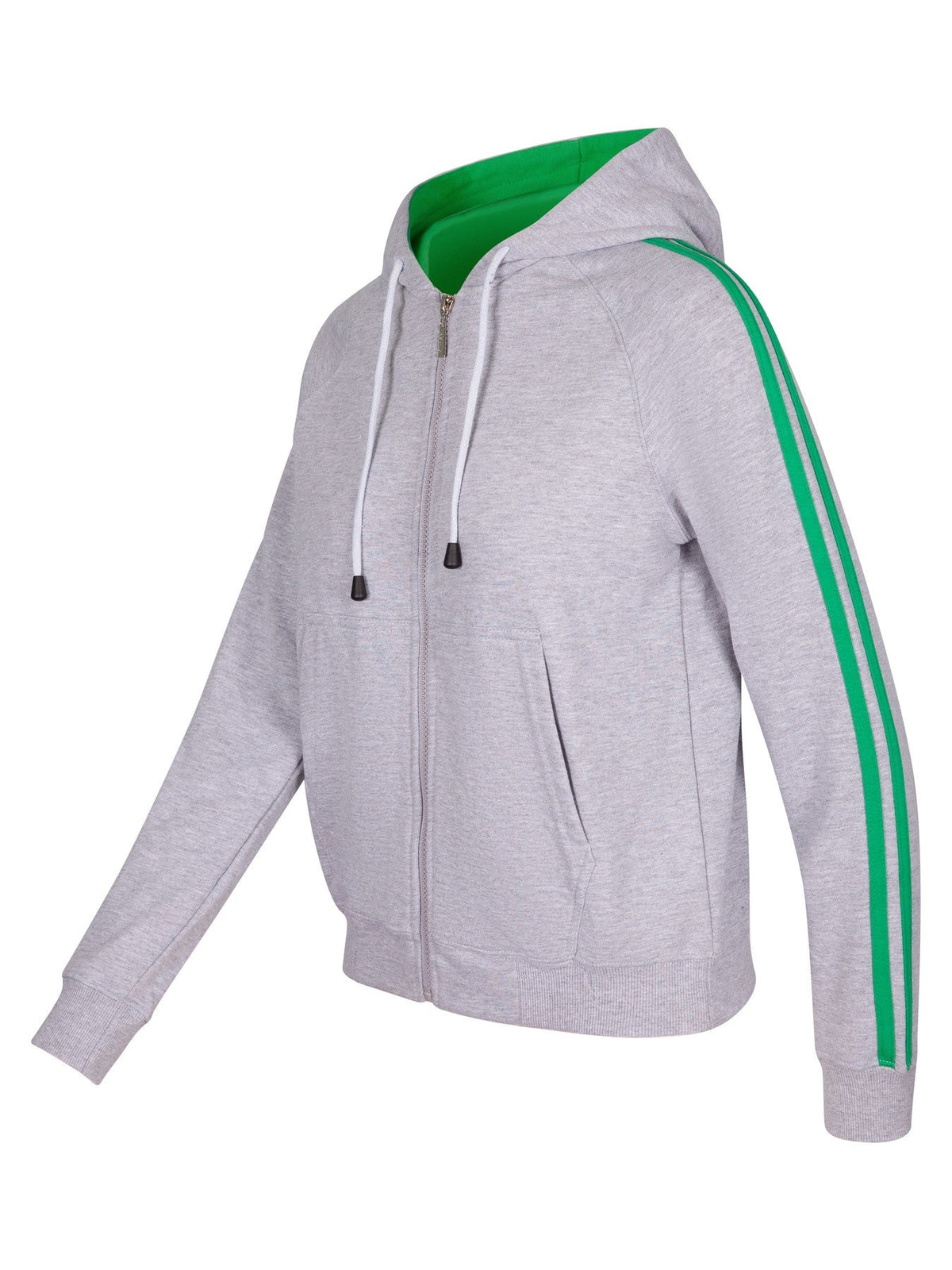 Womens/Junior stripe sleeves Hoodies - Grey Marl/Kelly Green - Side