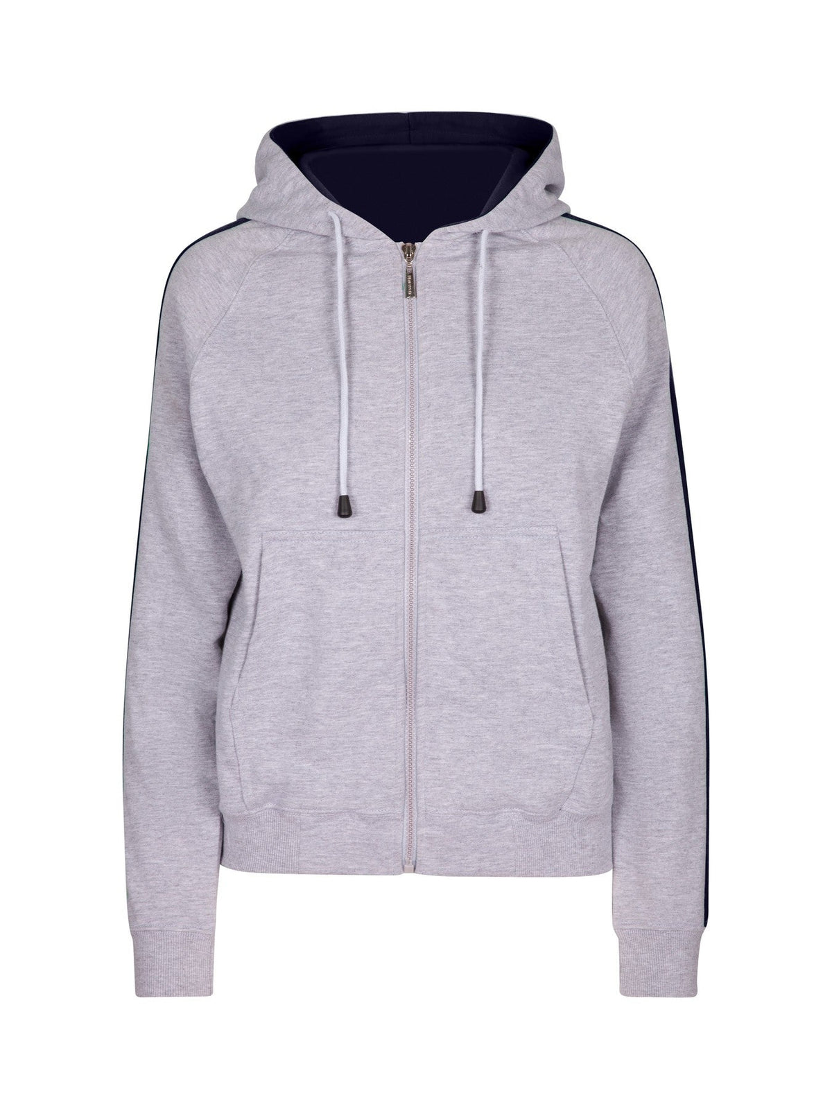 Womens/Junior stripe sleeves Hoodies - Grey Marl/Navy - Front